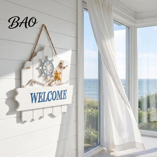 Beach House Accessories Mediterranean Style Wooden Welcome Sign, Starfish And Shells Hanging Seaside Inspired Wall Ornament Plaque, Decorative Art for