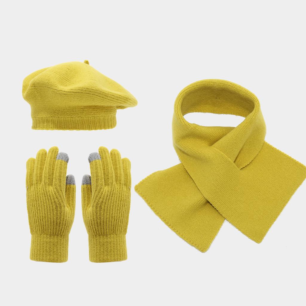 Damen 3-teiliges Winterset mit Baskenmütze, Schal und Touchscreen-Handschuhen für Wärme im Freien