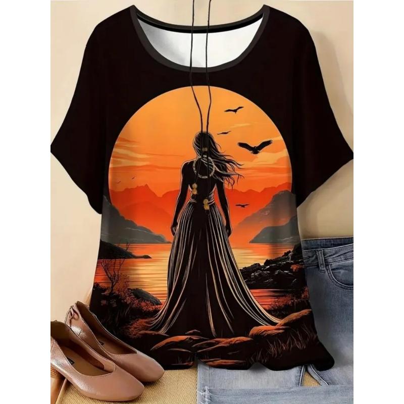 Women's T-shirt 3D Pattern Printed Casual Short Sleeved Cartoon Girl Image Print O-Neck Top Fashionable Street Women's Clothing