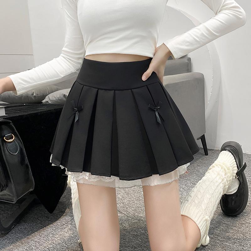 Rock mit Schleife und Falten, einfarbig, mit Spitze, A-Linien-Rock, Sommer, College-Stil, hochtaillierter Rock, blickdicht