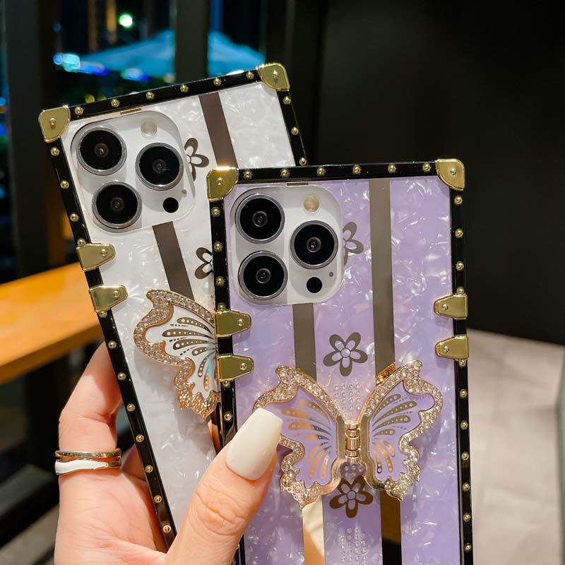 Luxury Diamond Butterfly Stand Holder Shell Pattern Square Type TPU Mobile Phone Cover Case for Samsung Galaxy S21 S22 S23 S24