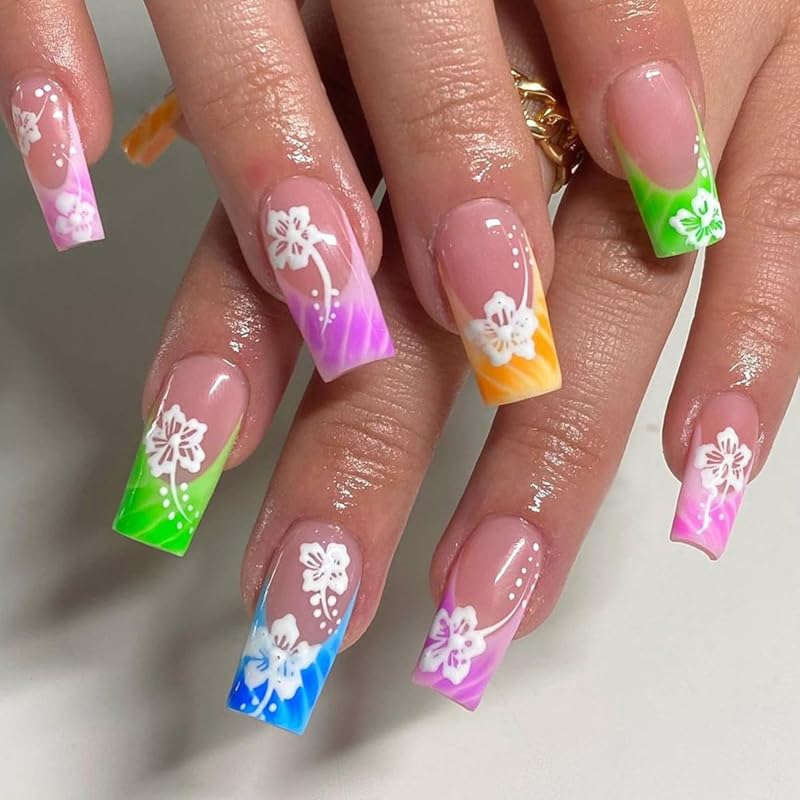 24 Pcs Halloween Press On Nails Short CEWEWP Square Cartoon Fake Nails Mummy Patch Press Ons Nail Tips Orange French Glue On Nails with Terror