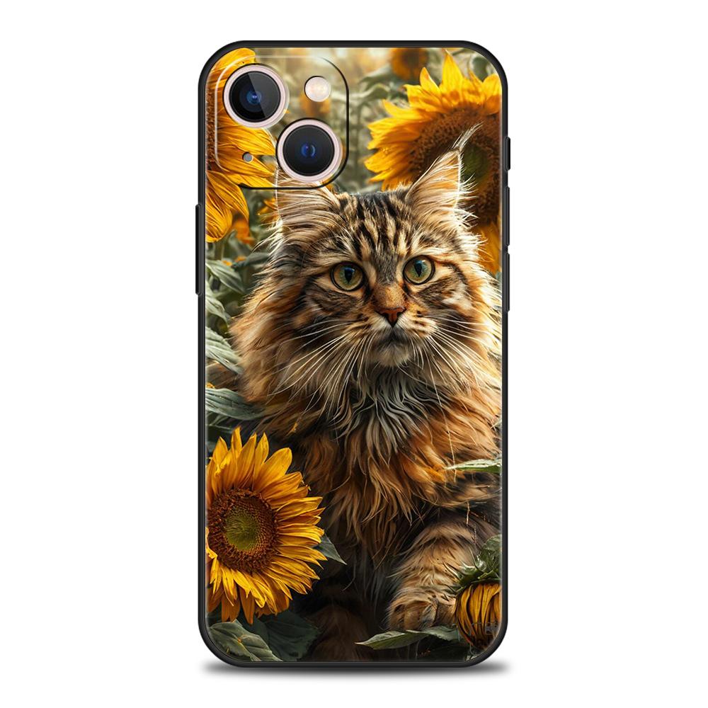 Luxury TPU Soft Phone Case For iPhone 17 Air 16E 16 11 15 14 Pro MAX 12 13 7 8 Plus X XR XS SE 2022 Cover Wearing Flowers Cat