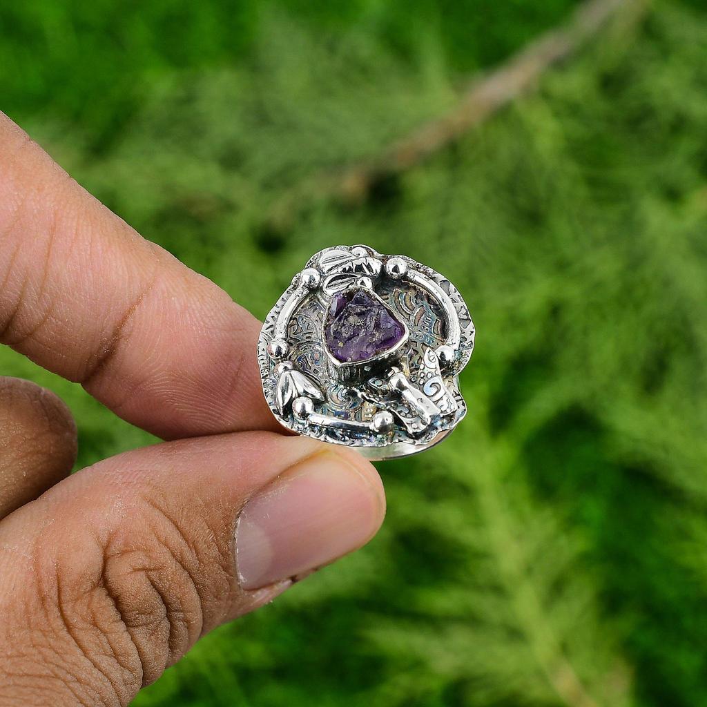 Natural African Amethyst Rough 925 Silver Stackable Adjustable Ring For Girls