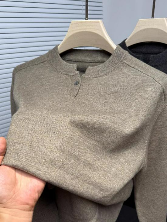 Henry Collar Men s Casual Knit Sweater - Autumn/Winter, Teen Loose Fit, Solid Color L