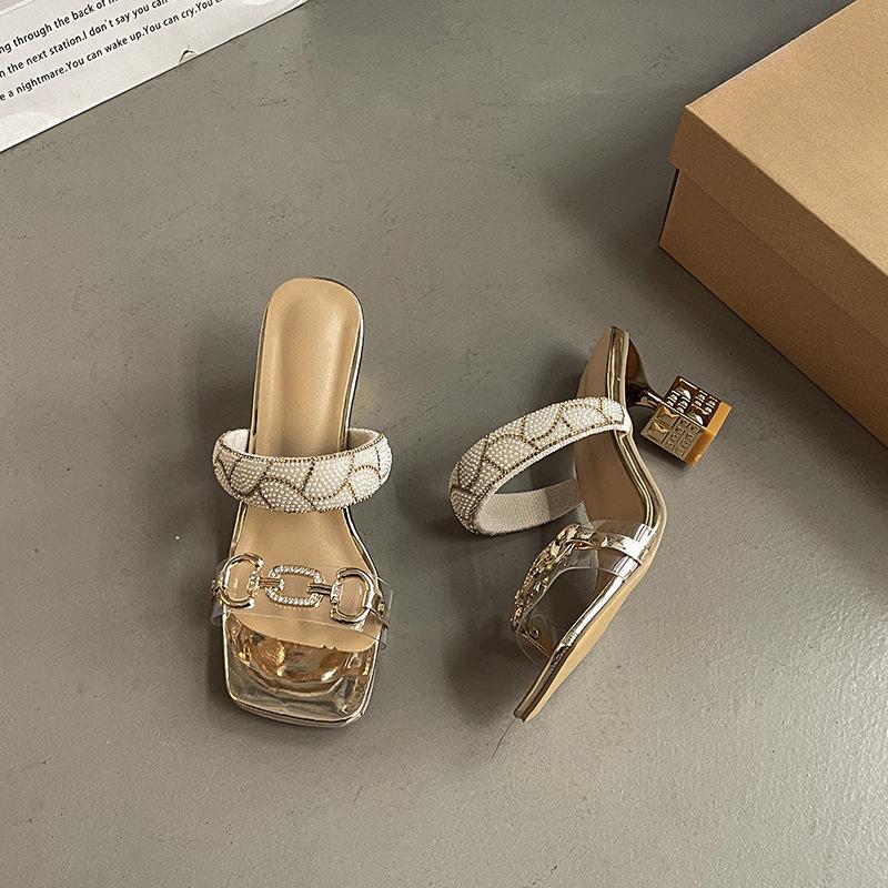 A Pair of Thin Shoes High Heels Rhinestones Flip-flops Women's Shoes Square-toed Versatile High Heels