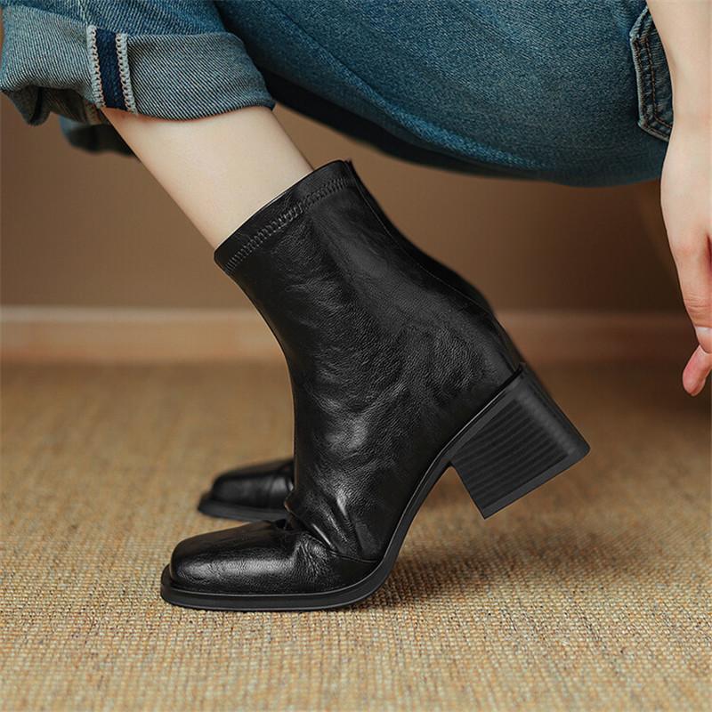 Fashion Autumn Winter Pu Leather Women Boots Fashion Square Toe Shoes for Women Short Boots Women Mujer High Heel Elastic Slimming Boots