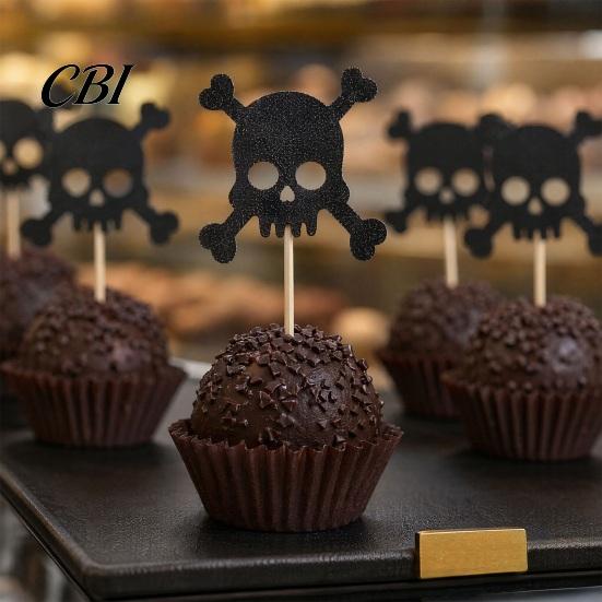 Glitter Black Cake Topper 8 Pcs Halloween Cupcake Picks, Spooky Skull Toppers, Gothic Birthday Party Decoration for Supplies Burr-free