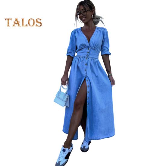 

Женское летнее платье с глубоким V-образным вырезом, тонкой талией, плиссированной трапециевидной формы, большим подолом, высоким разрезом, на шнуровке, на манжетах, сплошное цветное джинсовое длинное платье, макси-платье для свиданий XL светло-синий