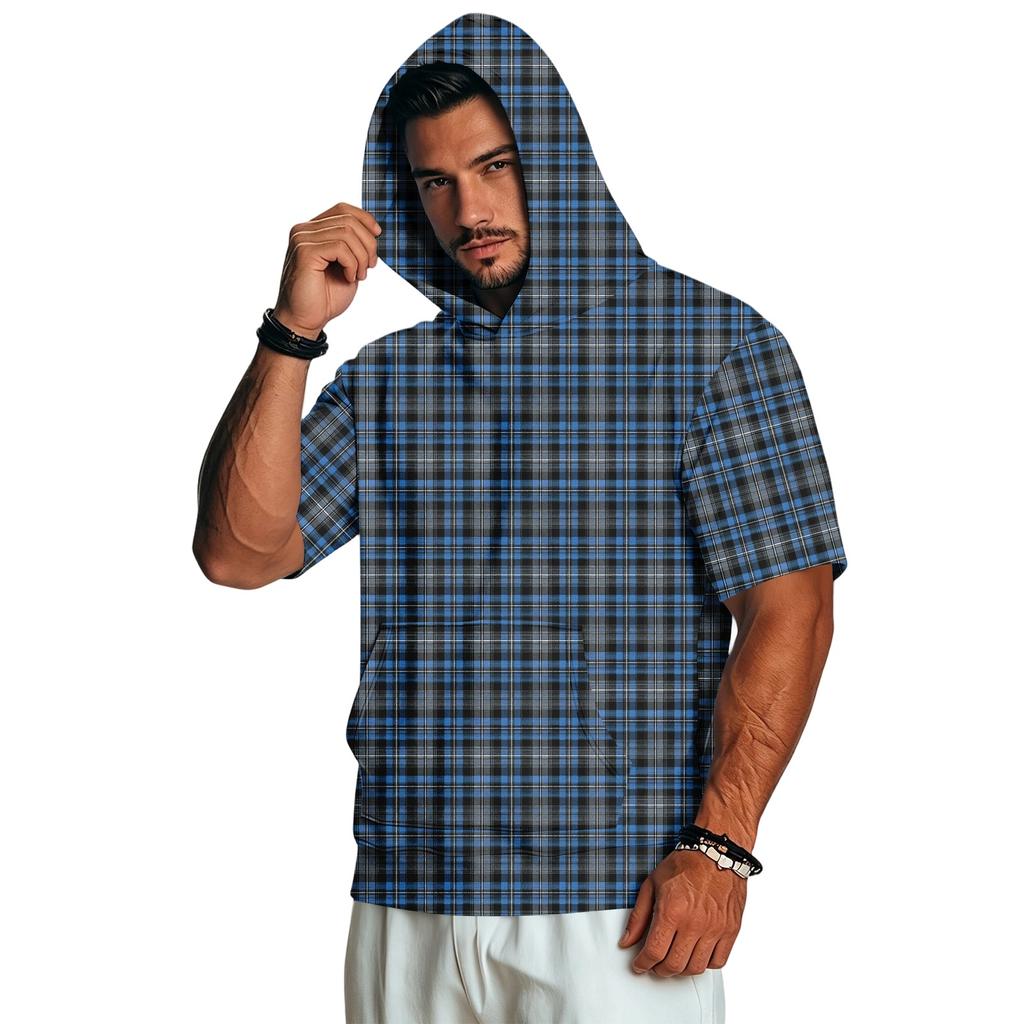 Felpa con Cappuccio da Uomo a Maniche Corte con Stampa a Quadri Retrò, Pullover Leggero Casual per l'Uso Quotidiano