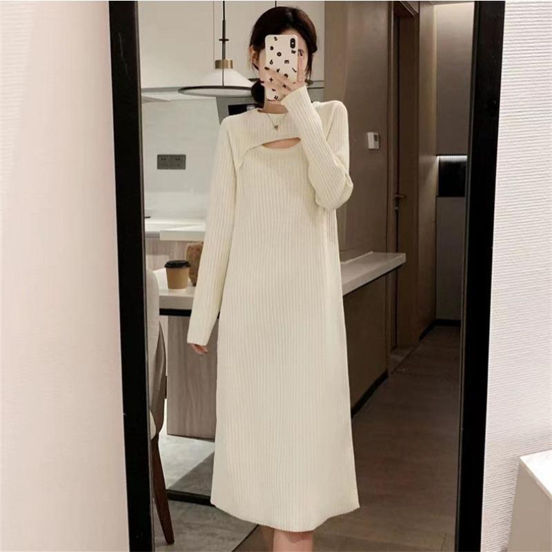 Autumn and Winter New Design Sense Hollow Knitted Primer Dress Women Loose and Thin Medium and Long Inner Sweater Skirt