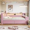 Divano Letto Imbottito 90x200 con Porte USB e Striscia LED, con Scrivania e 2 Cassetti, Rosa
