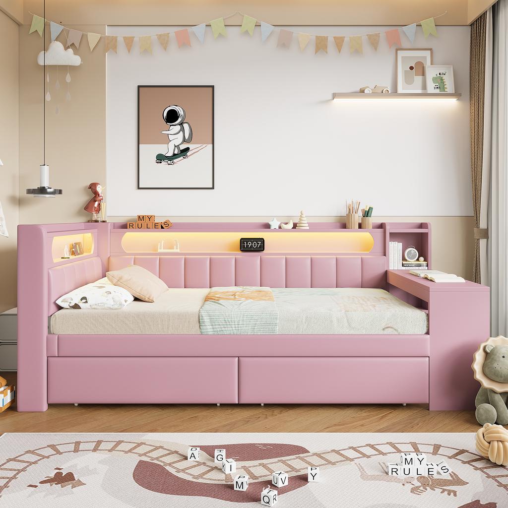 Divano Letto Imbottito 90x200 con Porte USB e Striscia LED, con Scrivania e 2 Cassetti, Rosa