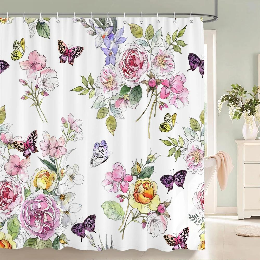 Colorful Beautiful Flowers Shower Curtains With 12 Hooks Floral Printed Fabric Shower Curtain Waterproof Polyester Bath Screen