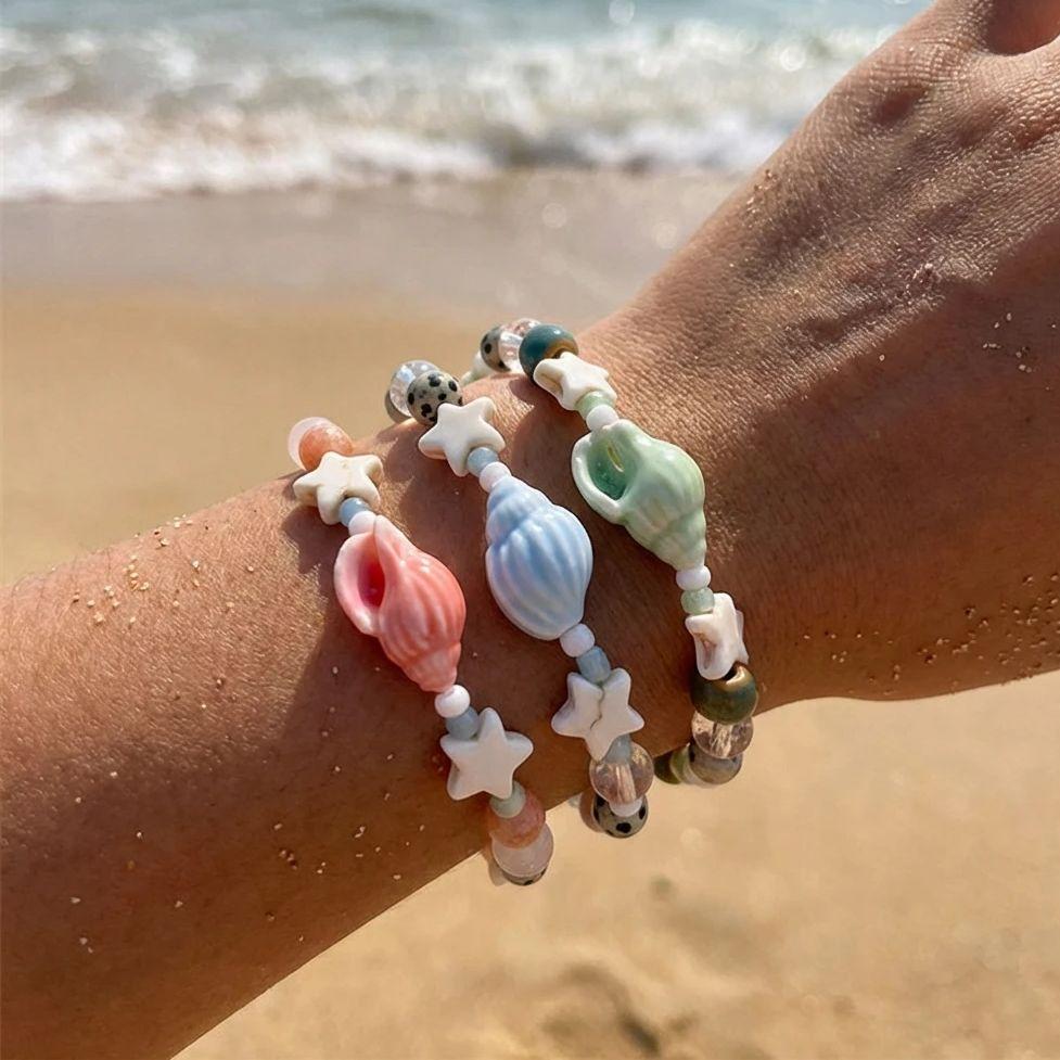 Handmade Ceramic Conch Starfish Beaded Bracelet For Women Girls Cartoon Ocean Theme Charm Bracelets Summer Beach Party Jewelry