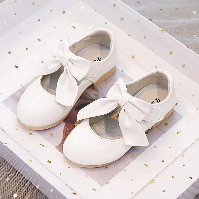 Girls Shoes with Big Bow Knot Princess Sweet Classic Fashion Children Party Shoes White Wedding Soft Anti Slippery