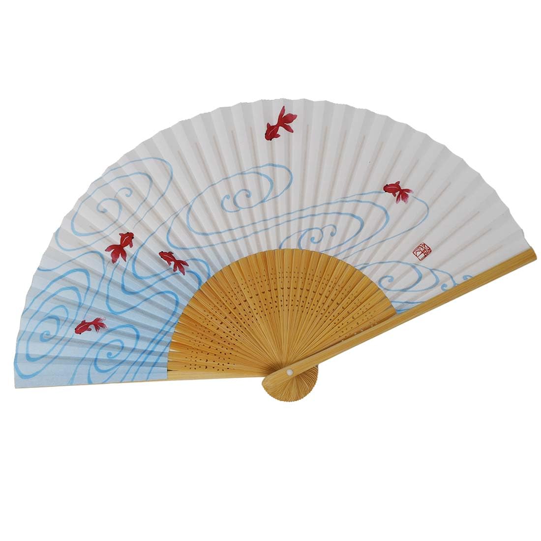 Women s fan, scented, white bamboo with goldfish design.