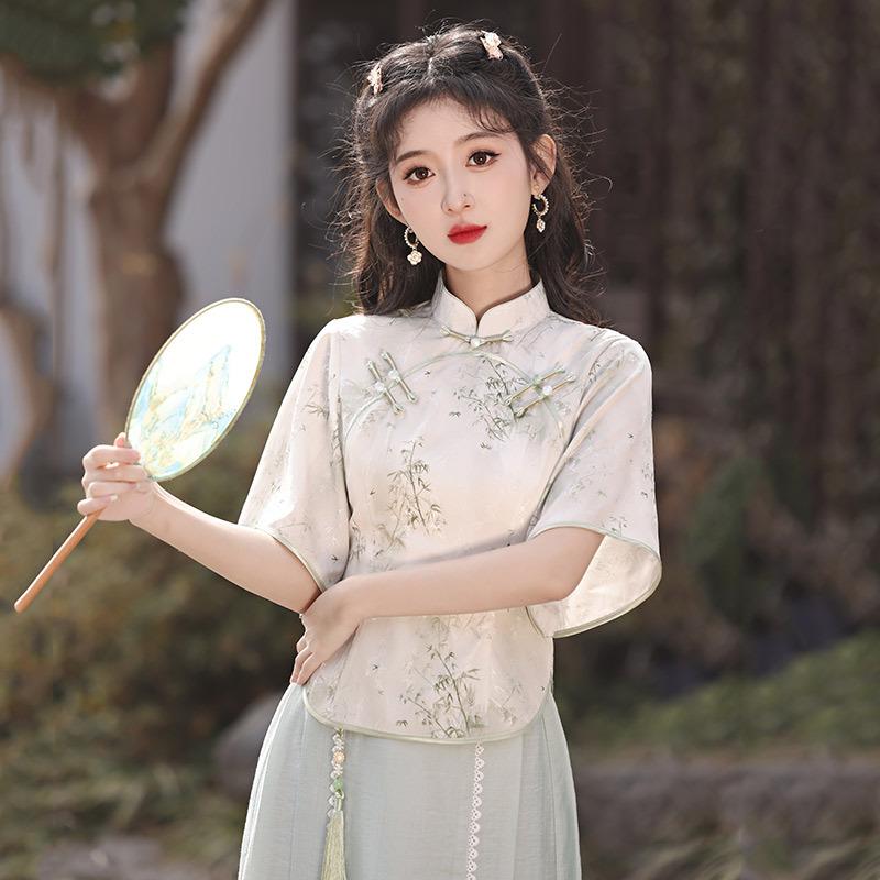 Chinese Style New Chinese Style Daily Improvement Cheongsam Top Two-piece Suit Skirt Young Girl Retro Short Sleeve Spring and Summer