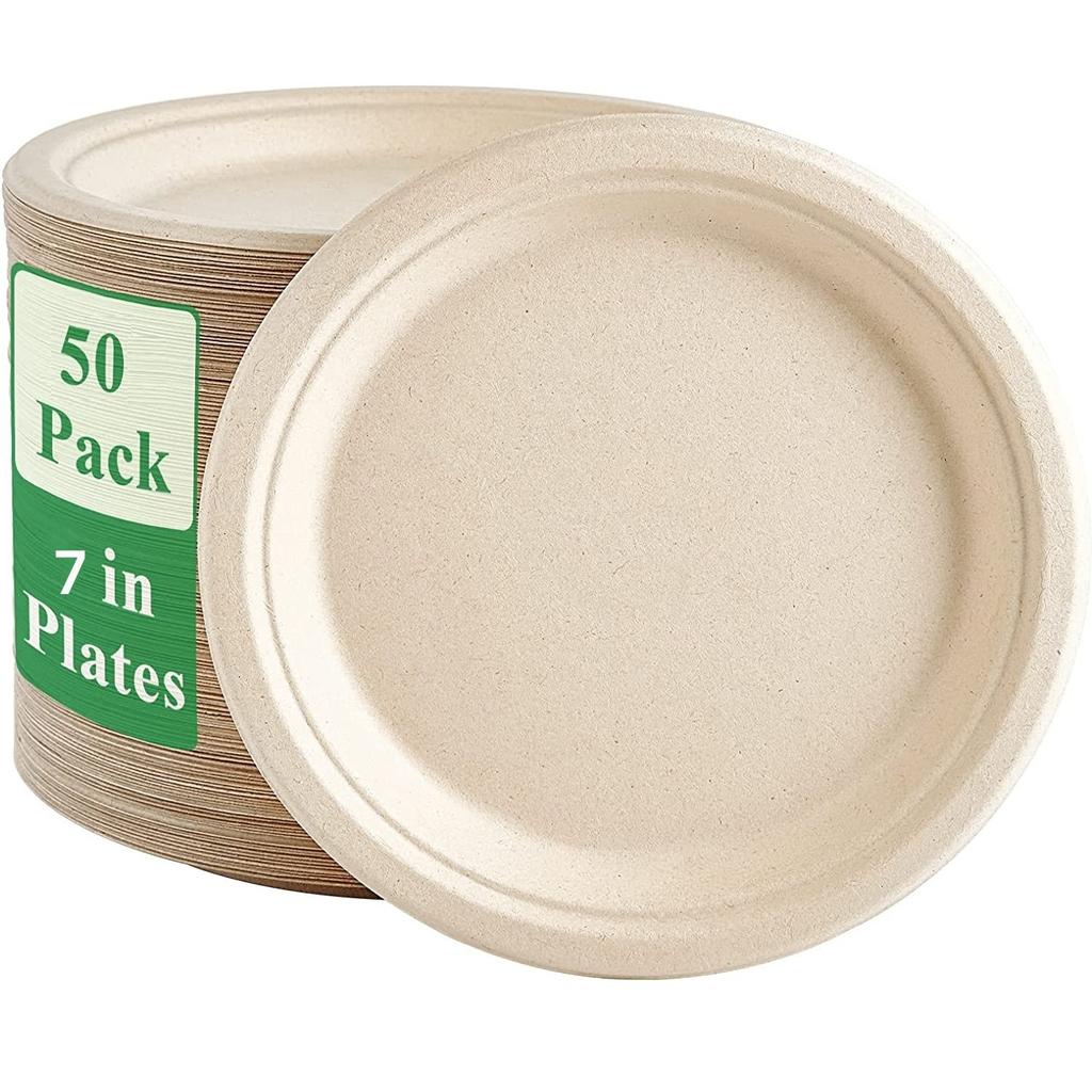 25-50Pack 9&7inch Heavy-Duty Disposable Paper Plates100% Compostable Bagasse Natural Biodegradable Eco-Friendly Sugarcane Plates