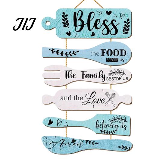 Distressed Kitchen Wall Art Rustic Wooden Hanging Sign for Decor, Cutlery Design Dining Room with Inspirational Family Slogan & Lanyard Farmhouse Home