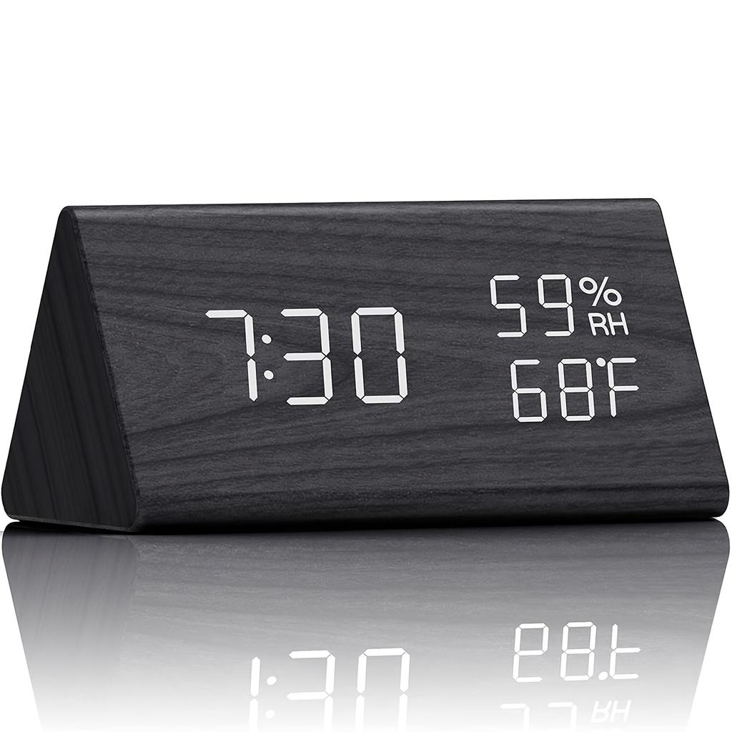 1PC Wood Grain Triangle Alarm Clock LED Bedside Alarm Clock, with Temperature and Humidity Display, Adjustable Brightness