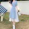 2026 Women's Long French Short-Sleeve Dress - Fake Two-Piece, Waist-Cinched, Fat-Concealing