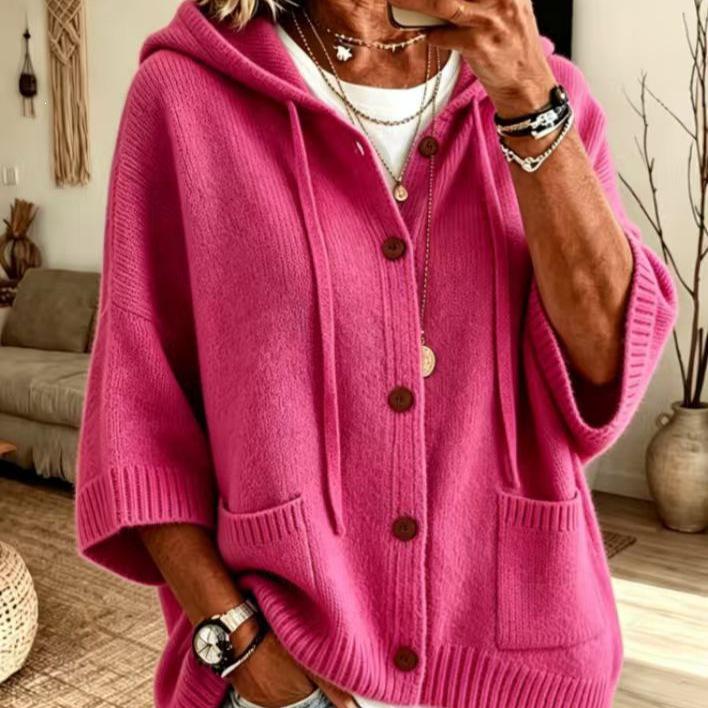 2026 Autumn Winter Women's Solid Color Button Knit Hooded Cardigan - European & American Casual Fashion Outerwear