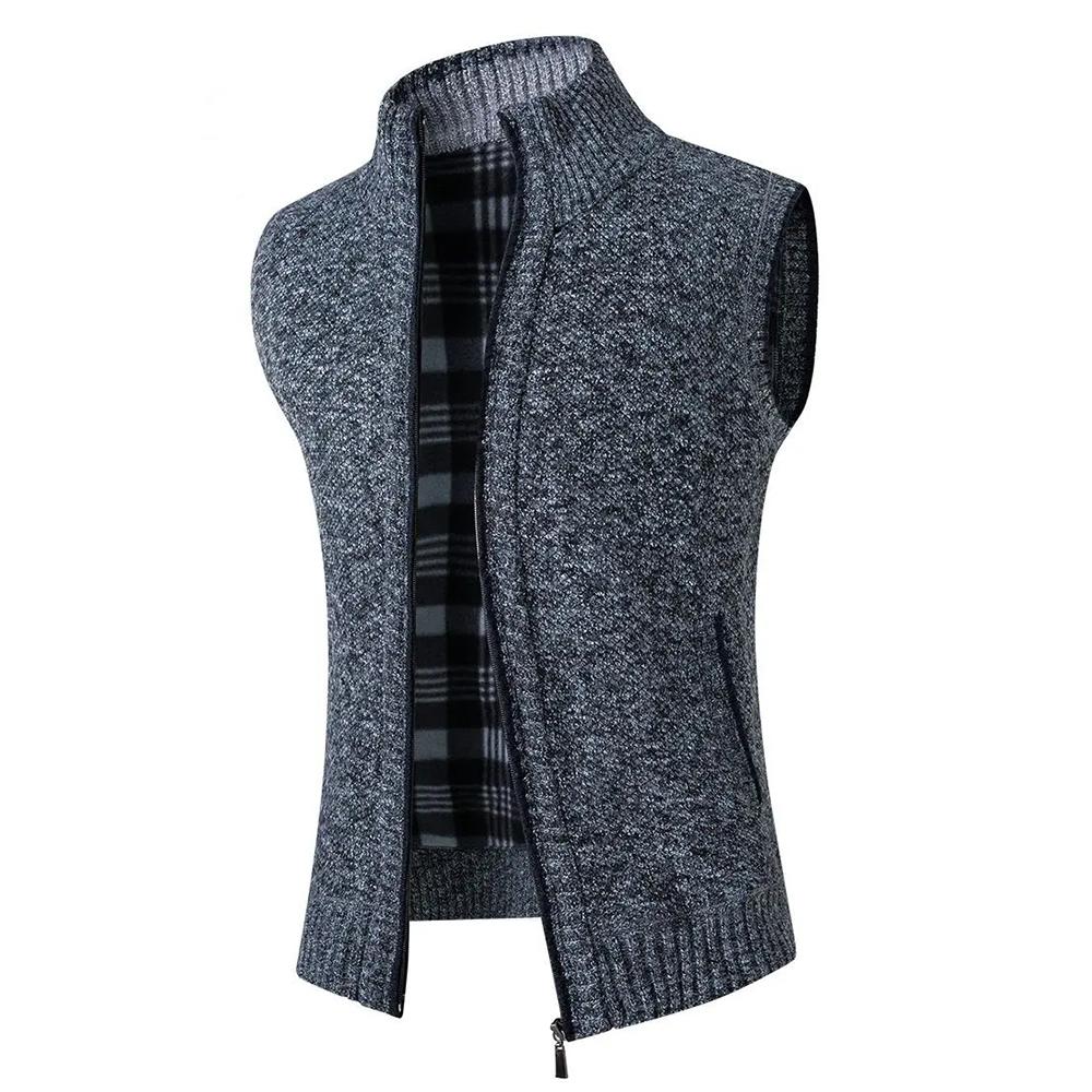 Man Winter Sweater Solid Color Vest Leisure and Comfortable Warm Zippered Stand Up Collar Sleeveless Vest