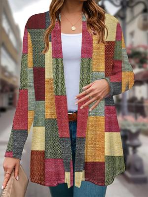 Cardigan Color Block Estampado de Manga Longa Feminino 2025, Poliéster Aberto na Frente, Cobertura Leve, Casaco Casual Primavera Outono