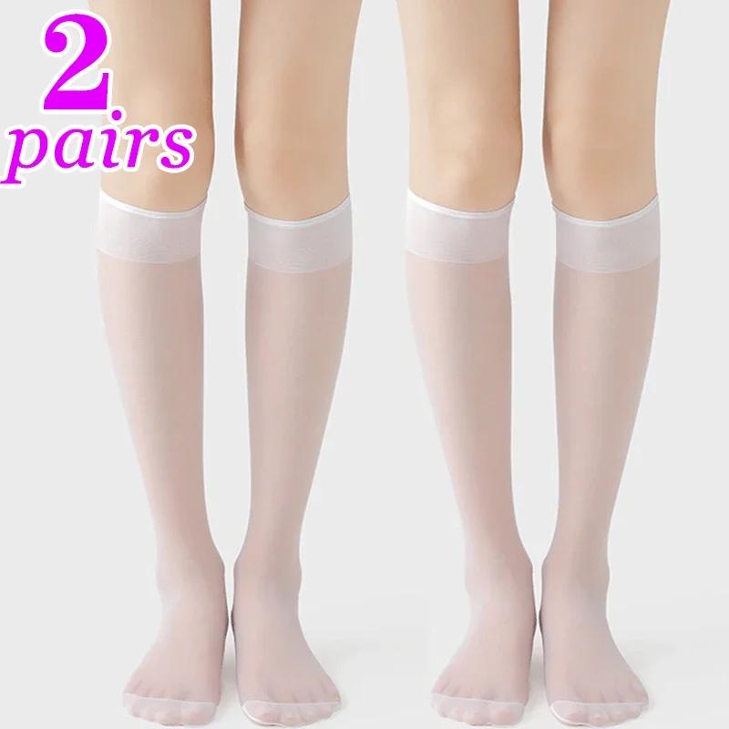 2pairs Lolita Summer Socks Silk Knee Socks Tube Jk Girls Long Sock White Black Half Sock Lolita Nylon Knee Transparent Stockings One Size