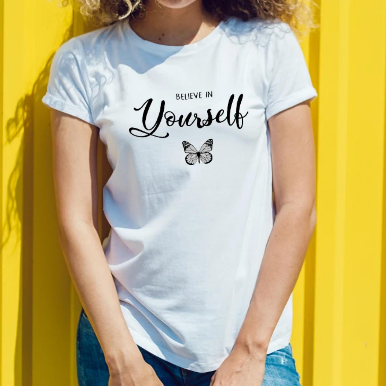 Women s round neck butterfly and letter printing casual fashion personality spring and summer T-shirt fashion new benchmark S
