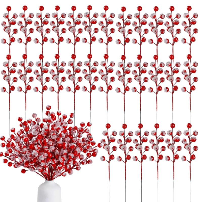 Snow Sprays Artificial Red Berry Stems Holly Berry Picks for Christmas Tree Decor Fake Red Berries for DIY Crafts Wreaths Decor