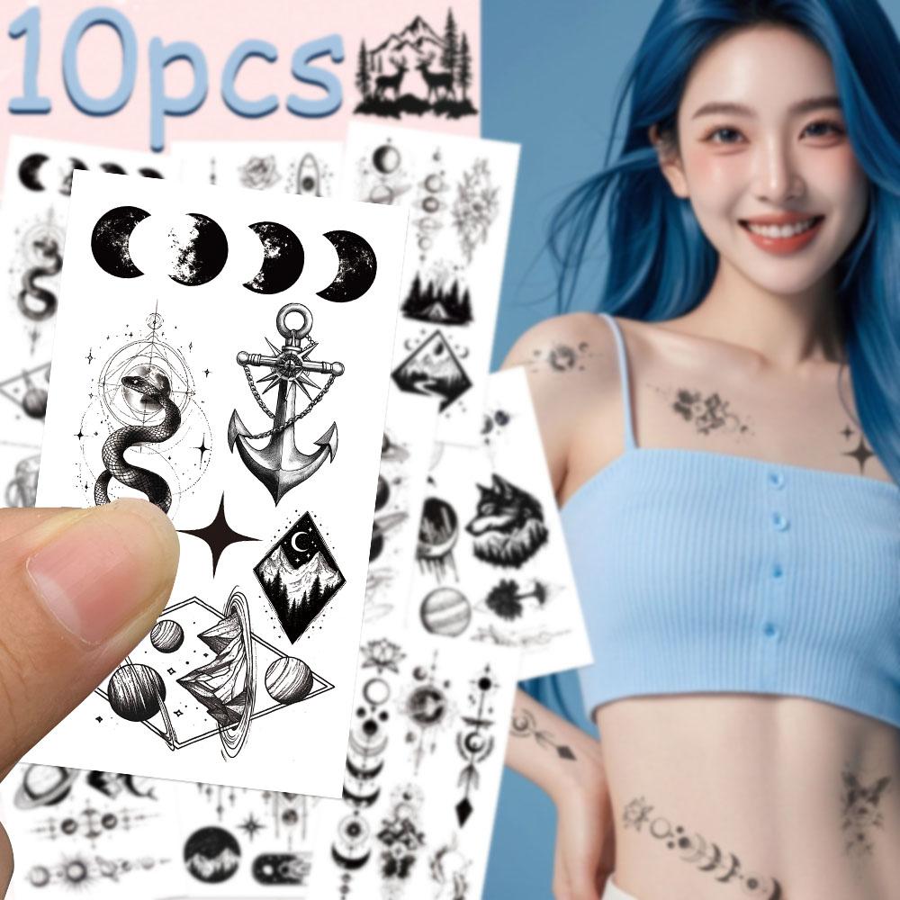 10sheets Black Mysterious Space Astronaut Planet Tattoo Stickers For Face Hand Arm Body Temporary Waterproof Tattoo Stickers