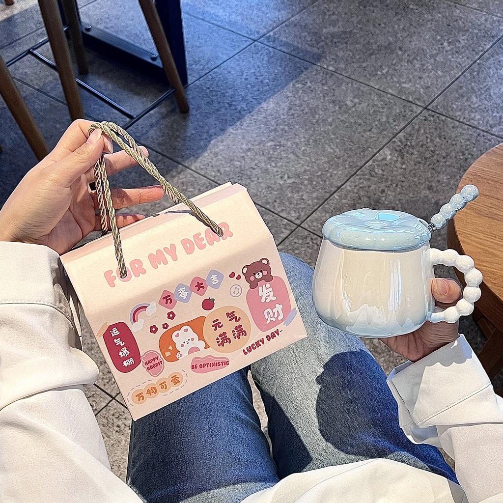 High value Pearlescent Mug with Lid Spoon Ceramic Cup for Girls Niche Couples Water Cup Office Coffee Cup