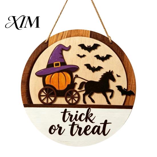 Trick or Treat Hanger Halloween Layered Round Door Hanger, 3D Pumpkin Ghost Owl Wood Welcome Sign, Decorative Festive Ornament Farmhouse Front
