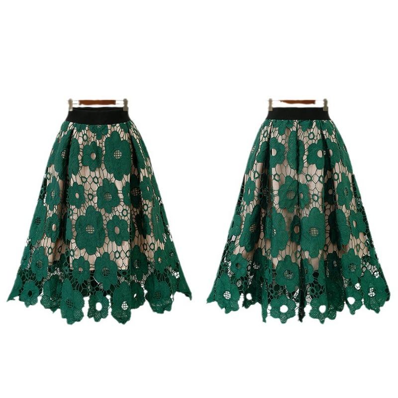 Crochet Hollow Out Flowy Patterned Lace Skirt Casual High Elastic Waist Below Knee Skirt Women's A Line Skirts Elastic Waist Skirts