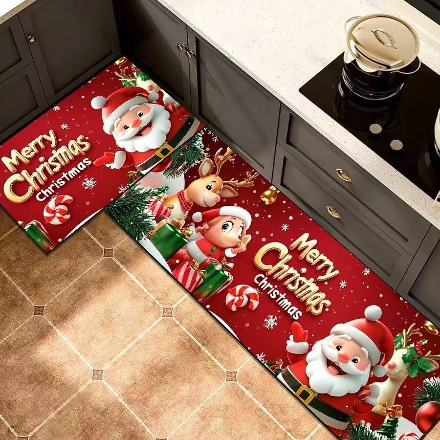 Christmas Santa Kitchen Mat Set, 2-PC Absorbent Non-Slip Floor Rugs for Holiday Decor