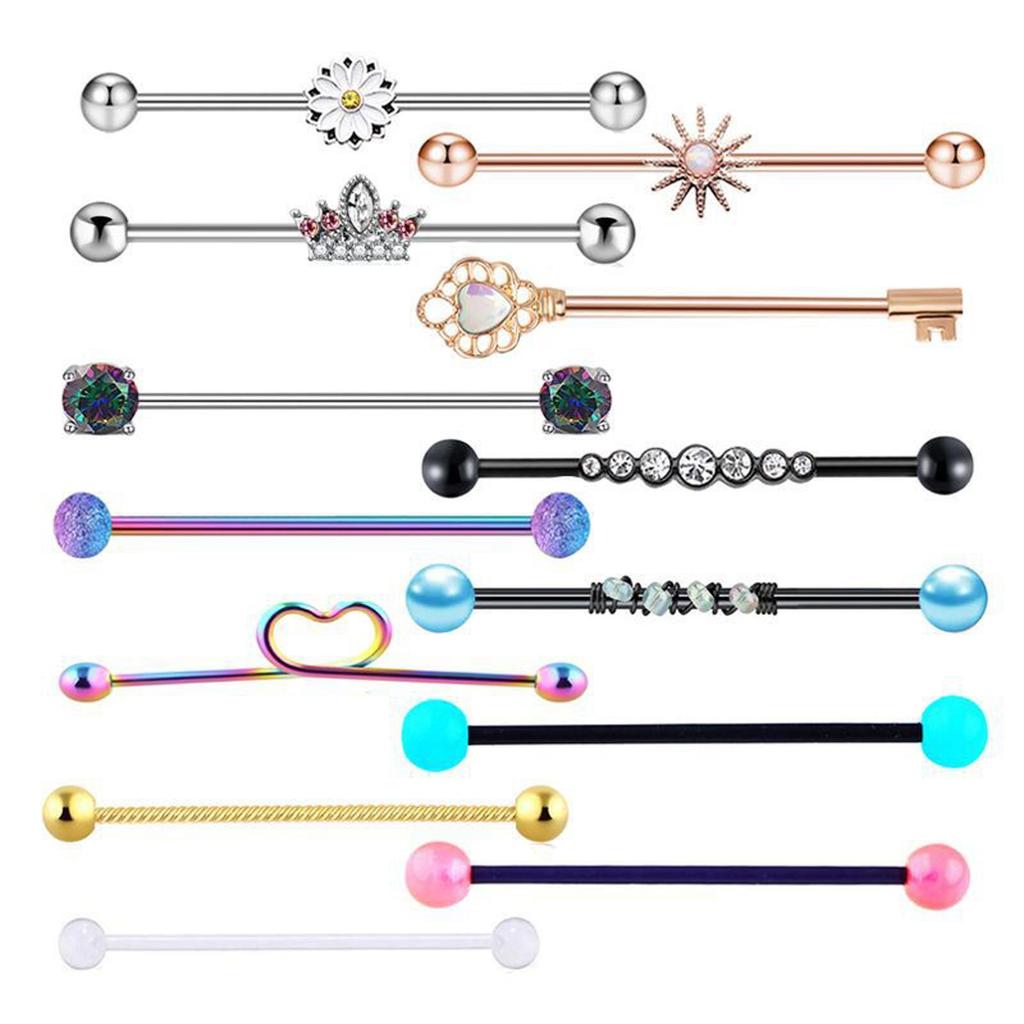 13x 14G Industrial Barbell Earrings Heart Flower Rhinestone Piercing Jewelry