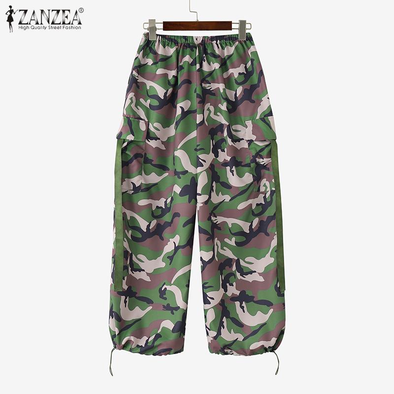 ZANZEA Women Casual Elastic Waist Loose Camouflage Print Cargo Pants