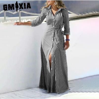 Abiti casual a vita alta con collo a polo e maniche lunghe con stampa a righe primaverili alla moda da donna