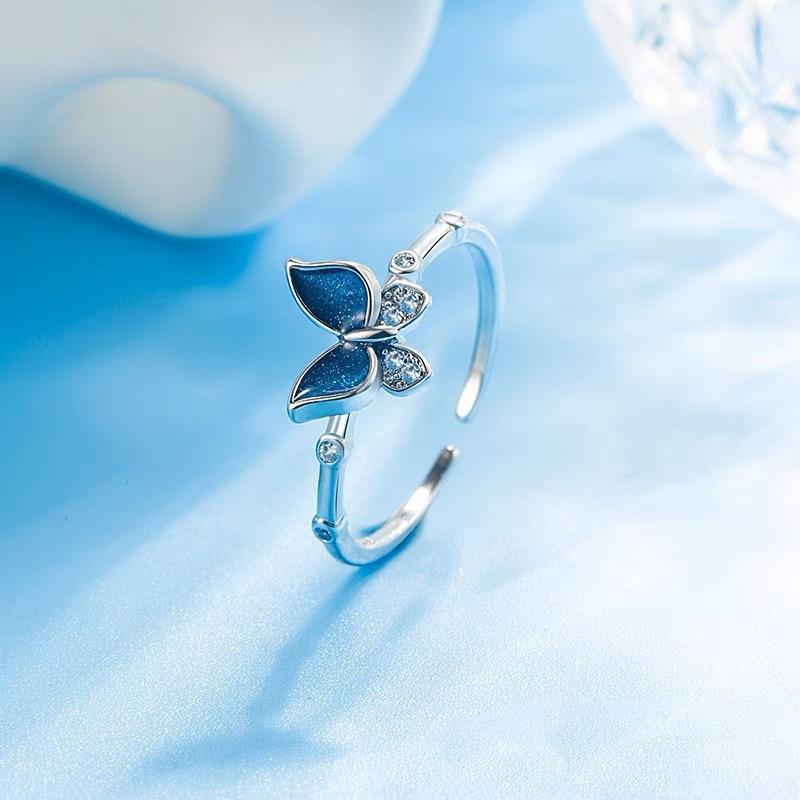 925 Silve Blue Dropwise Glaze Ring for Women Girl Gift Zircon Butterfly Sweet Romantic Jewelry