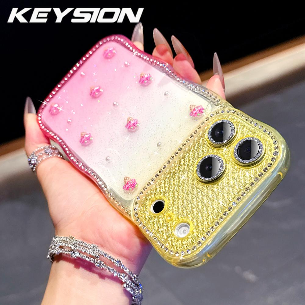 

KEYSION 3D мультяшный чехол для телефона с фруктами для iPhone 13 14 15 16 17 Pro Max 17 17 Air 16 Plus Градиентный прозрачный чехол с стразами Волнистый ударопрочный for iPhone 17