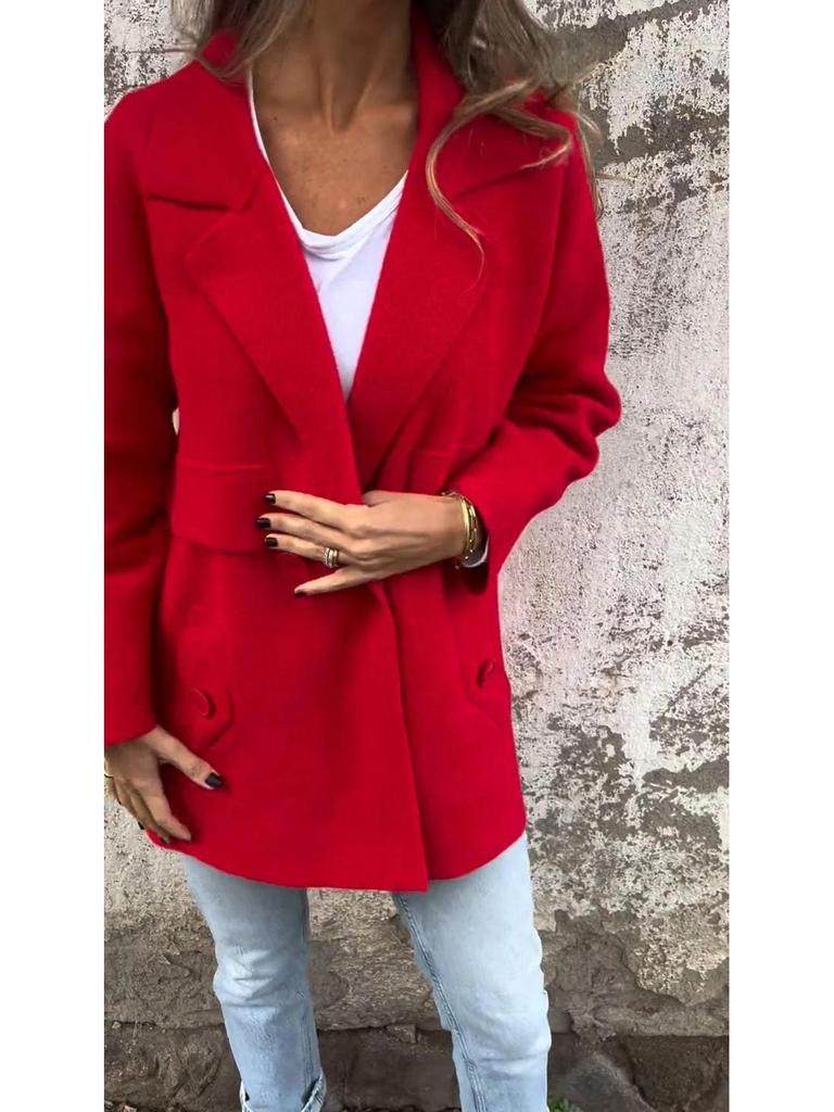 2024 Women's European & American Solid Color Lapel Pocket Cardigan Mid-length Coat for Autumn & Winter