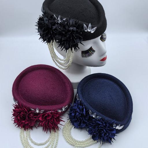 European and American Retro British Felt Headscarf Hat Women's Church Derby Headgear with Flowers Women's Soft Beret