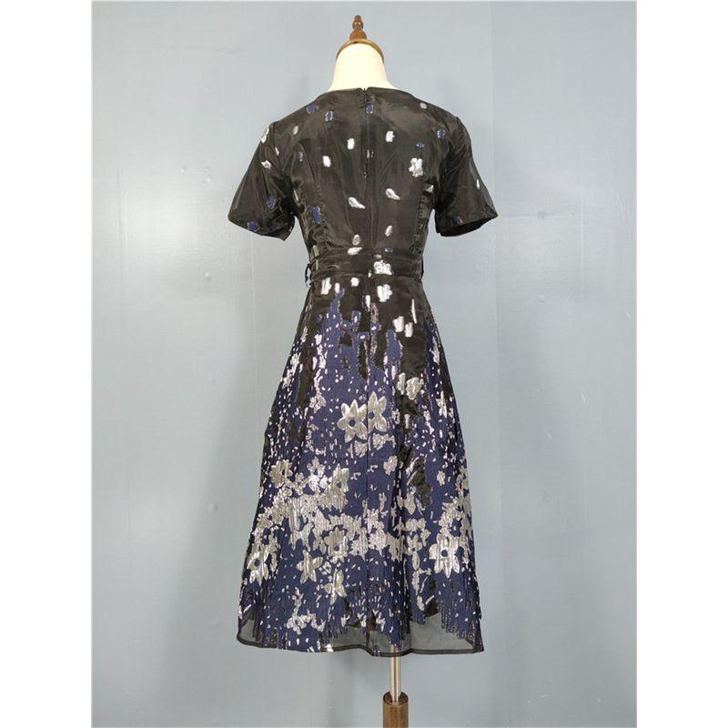 Entry Lux Classy Exquisite Classic Style Jacquard Bright Silk Thread Adult Lady Like Woman Wide Hem Gauzy Short Sleeve Waist-Controlled Dress Women