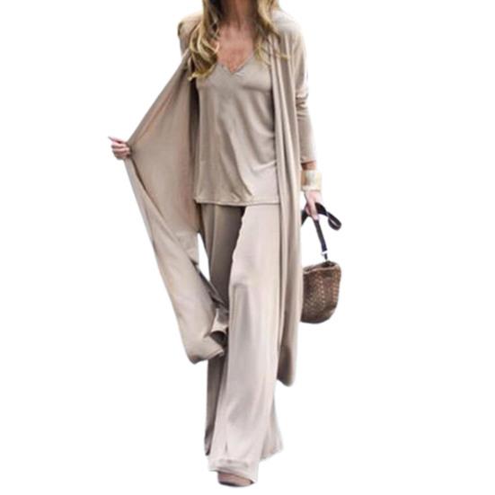 Three-piece Stylish V Neck Top Women Pants Suit Sleeveless Top Casual Solid Color Autumn Suit