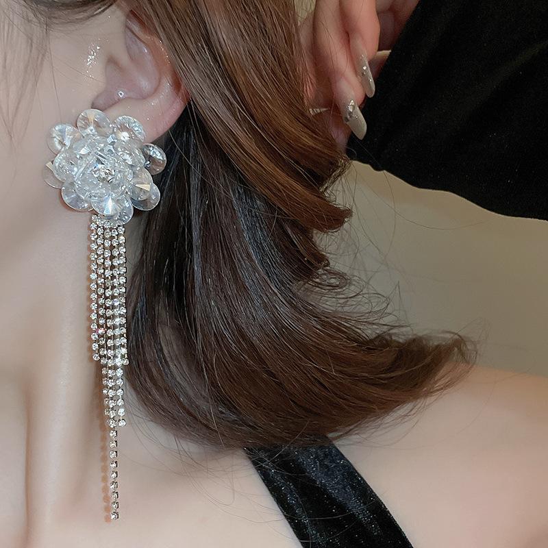 Elegant Crystal Flower Petal Rhinestone Tassel Earrings for Women