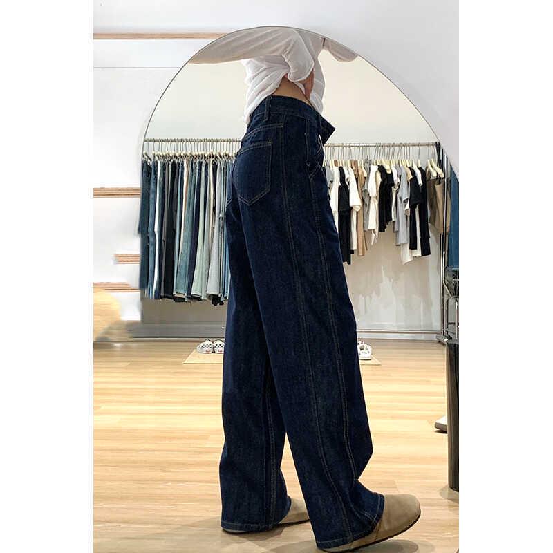 Women's Plus Size High Waist Dark Blue Wide Leg Jeans - Autumn Slimming Straight Leg Pants for Pear-Shaped Body.