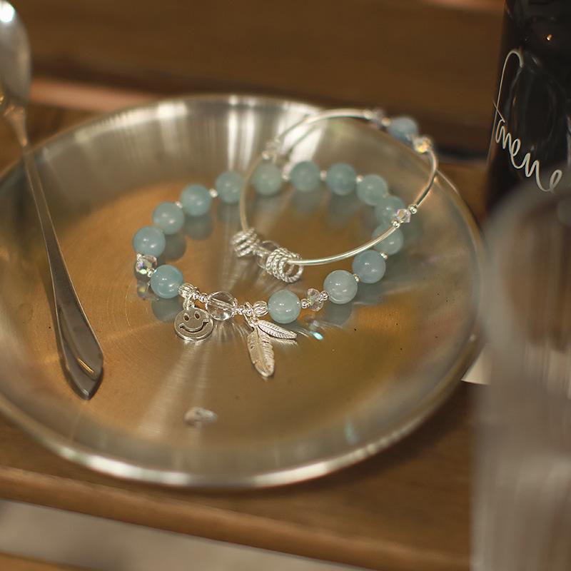 

Aquamarine Fresh Blue Crystal Beaded Bracelet with S925 Silver Feather