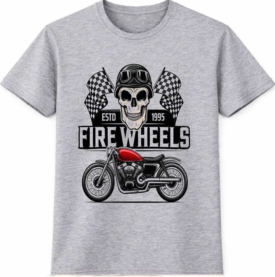 Motorcycle T Shirt Skull Rider Fire Wheels Biker Vintage Racing Graphic Tee